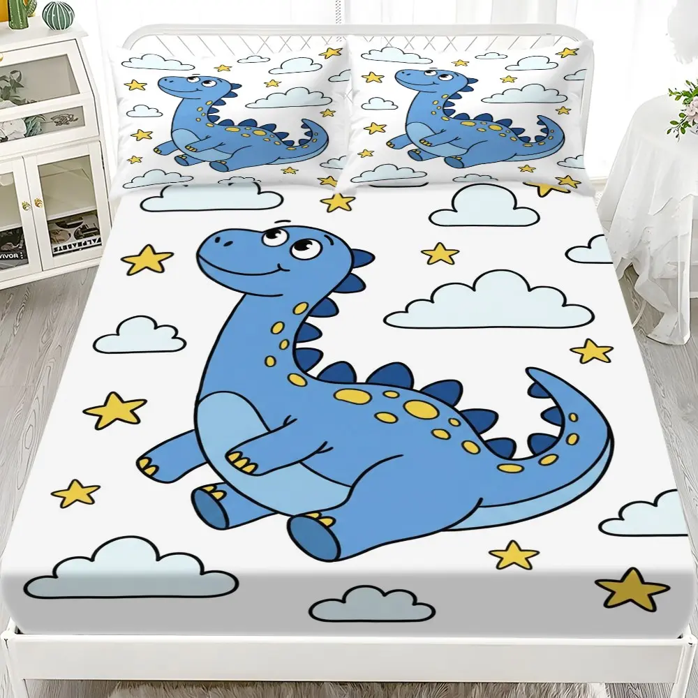 3-Piece Cartoon Dinosaur Bedding Set, Includes 1 Mattress Cover and 2 Pillowcases, Soft Polyester, Hand and, Ideal for Bedroom and Travel