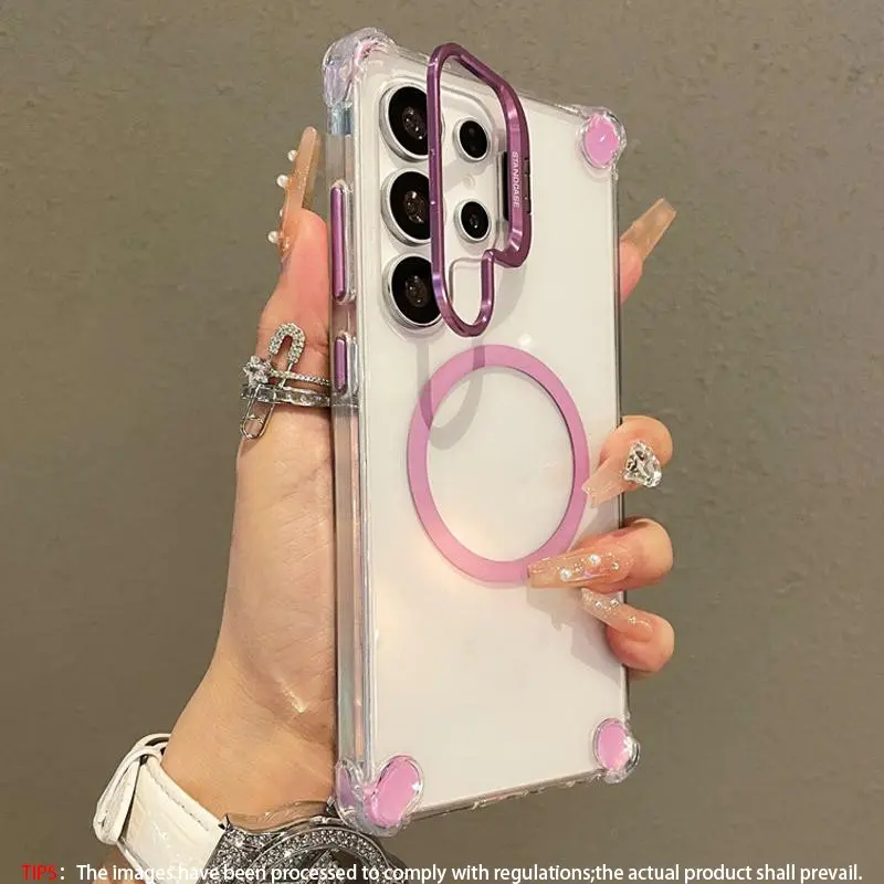 Magnetic transparent four corner shock-absorbing metal bracket phone case, Protective, Shockproof, Shock Resistant Cover, Magnetic Clear Cover, suitable for Samsung Galaxy S24 S23 S22Ultra Plus A36/A56/A16/A26/A17, shock-absorbing camera ring bracket