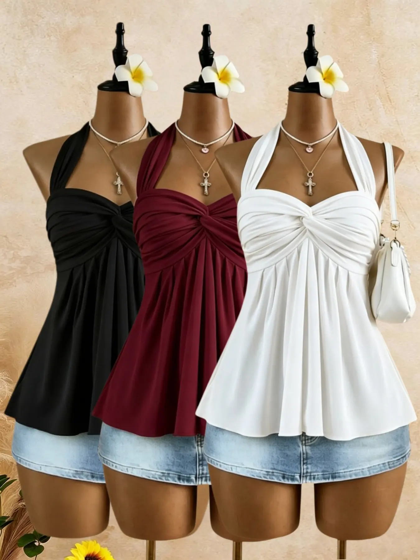 Elegant Halter Neck Tie Design A-Line Skirt Backless Casual Sleeveless Top, Soft Casual Style with Slight Sexy Touch, Women's Fashionable Vest