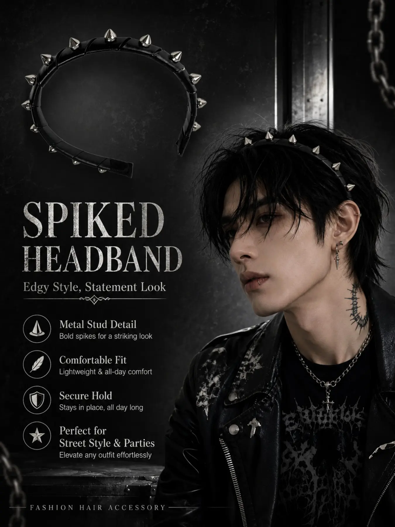 1Pc Black Leather Rivet Headband, Silver Cone Spikes Decor Punk Design, Cool Edgy Fashion Minimalist Style, Thin Wrapped Non-slip Comfort Hair Bands, Fashionable Hair Accessories For Women Girls Streetwear Sport Workout Concert Daily Outfit