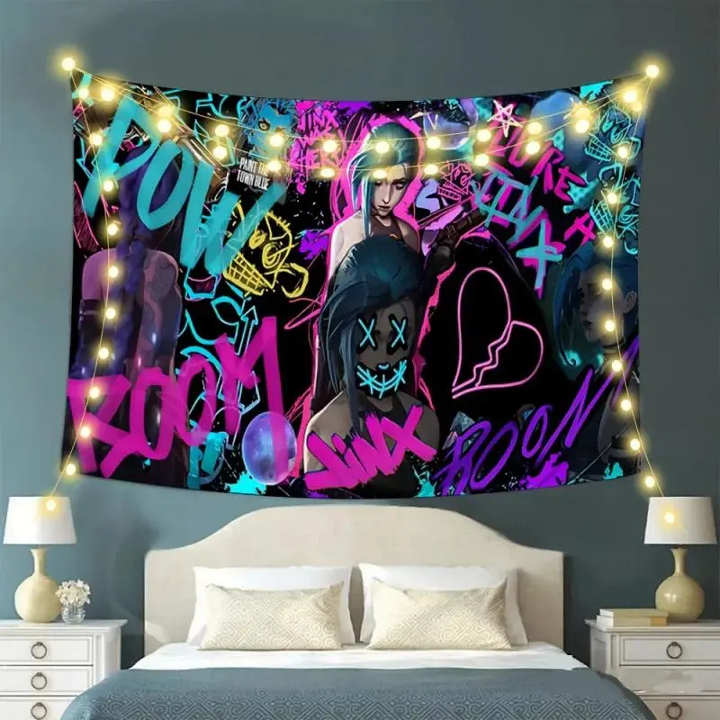 League of Legends Jinx Neon Graffiti Tapestry, Cyberpunk Style Character Wall Hanging Backdrop, Lightweight Gaming Fan Bedroom Home Decor