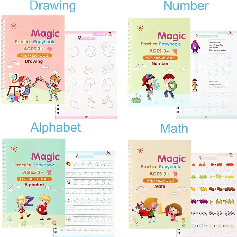 Magic Practice Scribe Book Set, 4 Counts/set Reusable Number & Letter & Math & Drawing Practice Scribe Book with 1 Pen, 6 Refill & 1 Pen,mess free and useful