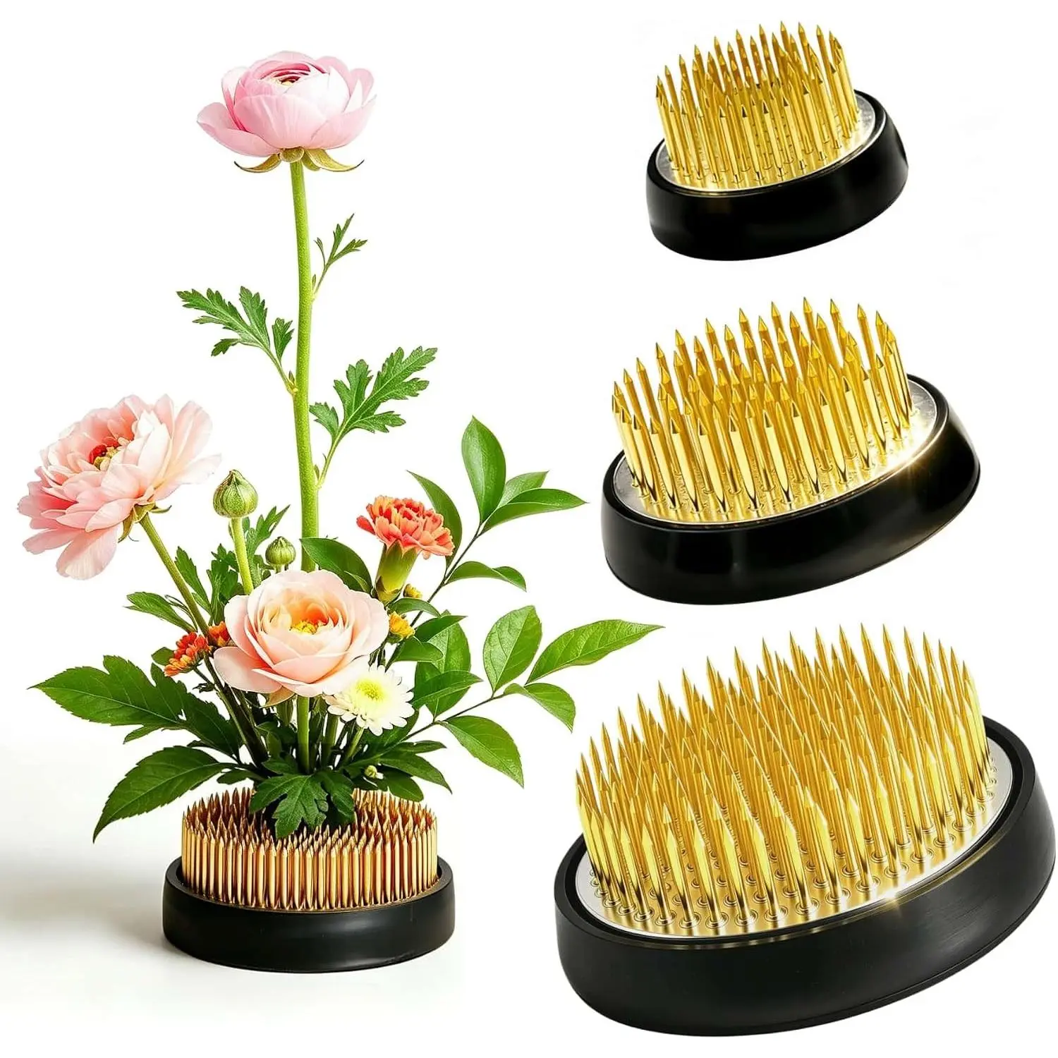 3 Pcs Flower Frogs 2inch 1.6inch 1.4inch Ikebana Kenzan Floral Pin Frog Flower Holder with Rubber Base for Flower Arrangements Supplies