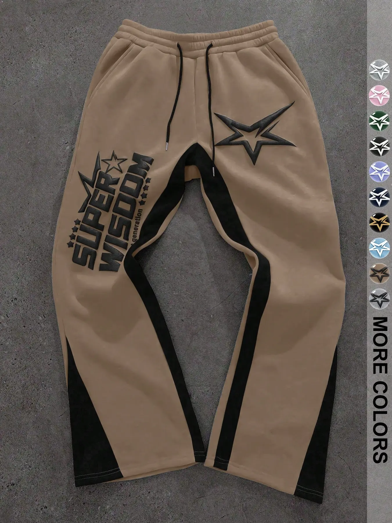 Men's Y2K Color Block Letter and Star Print Drawstring Sports Pants, Dark, Winter Style, Streetwear, Casual Loose Bell Bottoms
