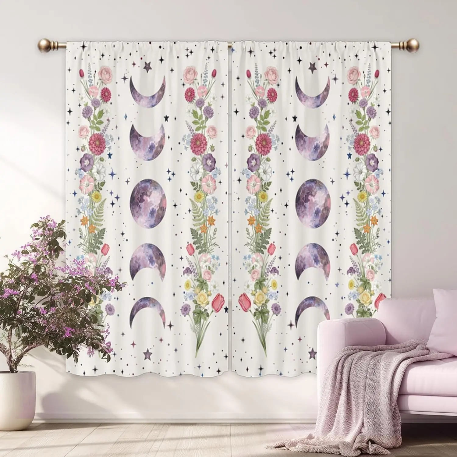 Moon Phase Curtains for Bedroom  Rod Pocket Boho Floral Theme Wildflower Moonlit Garden Flower Witchy Gothic Hippie Aesthetic Galaxy Motifs Space 2 pcs Curtain Panels Window Treatment for Living Room Decor