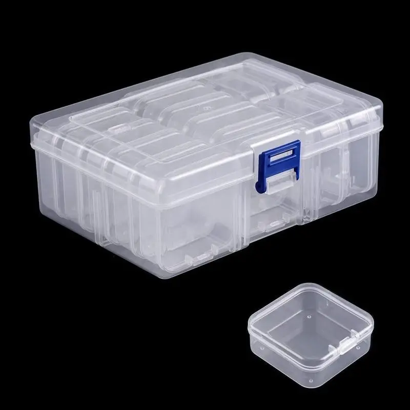 14-Pack Lightweight Transparent Plastic Acrylic Mini Boxes with Lids, Small Crafts Parts Organizer Set with Large Carrying Case for Jewelry, Hardware
