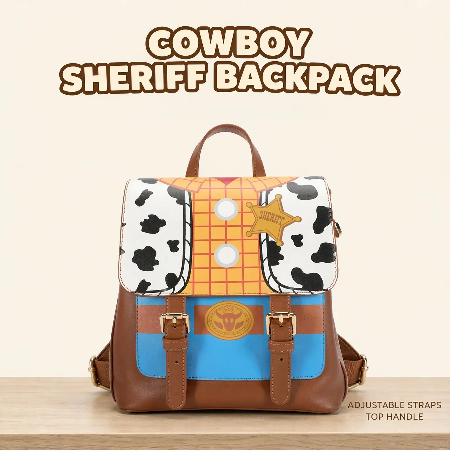Officially Licensed Disney Toy Story Woody Backpack, PU Leather Cowprint Sheriff Star Satchel Bag, Daily Gift for Kids