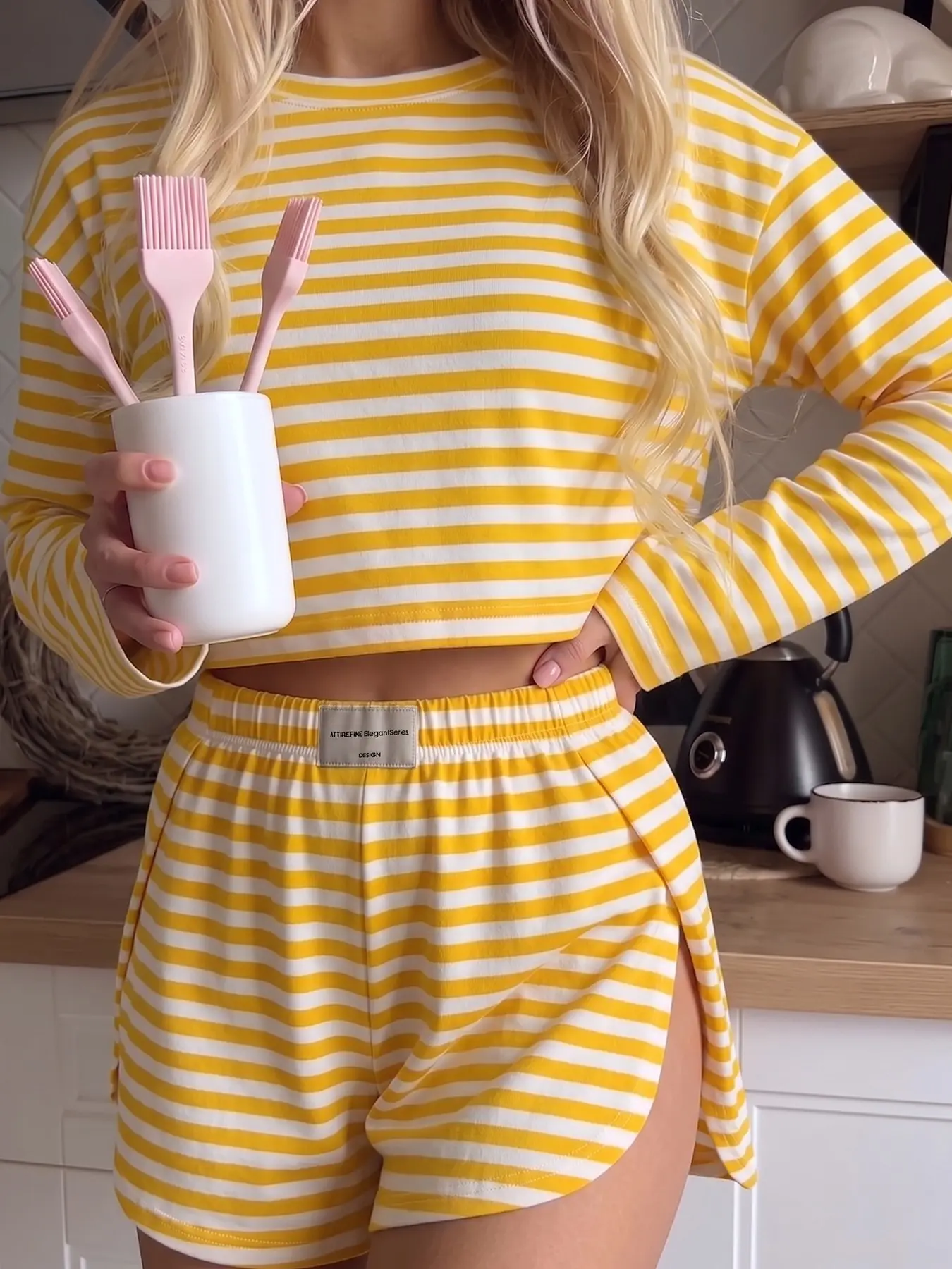 Women's Striped Loungewear Set, Pajama Set, Long Sleeve & Side-Split Shorts, Loose Fit Casual Home Wear, All-Season Comfortable, Pjs