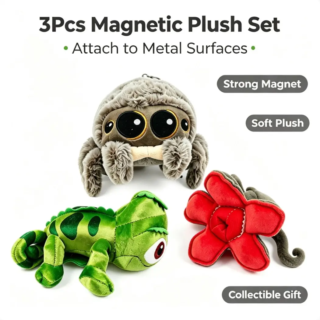 Quirky & Cute Magnetic Plush Toy 3-Piece Set (Spider, Chameleon, Man-Eating Plant) – Fridge Decor & Gift