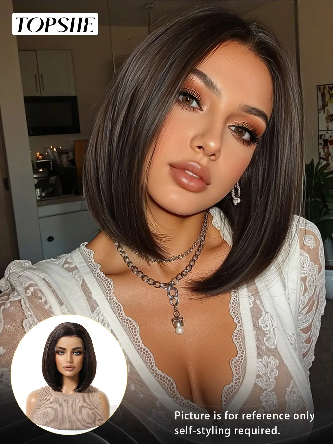 Topshe 13x4 HD Lace Front Mono Cap Bob Wig, Bob Style Wig, Lace Straight Wigs, Dark Chocolate Brown Straight Short Bob Synthetic Wig, Hand-Tied Mono Top Realistic Scalp, Heat Resistant Glueless Wig For Women Office Daily Wear