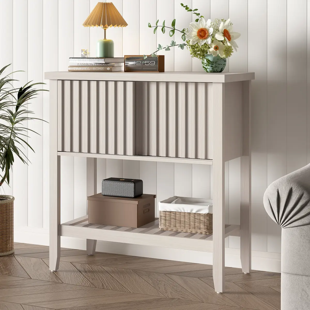 Aobtkel 31.5 in Rectangular Entry Console Table - Beige On-Site with Sliding Drawer Doors, Storage Shelf for Hallway, Living Room