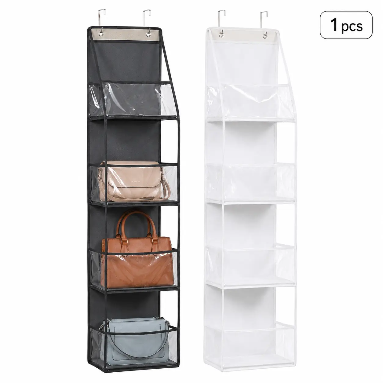 Space Saving 5-Tier Over The Door Hanging Organizer, Foldable White Storage Bag with See-Through Transparent Window Pockets, Multi-Purpose Door Hanger for Closet, Bathroom & Household Supplies