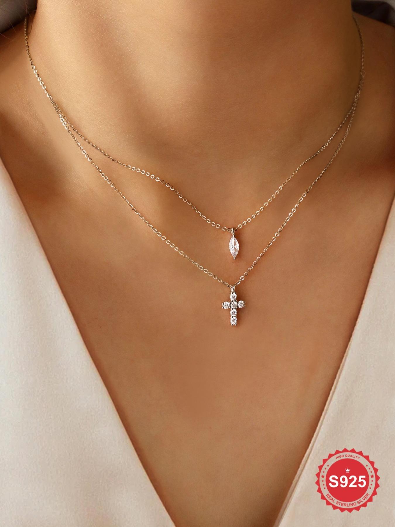 925 Sterling Silver Fashion Cross Pendant Necklace, Double Layered Artificial Zircon Decor Pendant Necklace, Trendy All-match & Exquisite Jewelry for Gift
