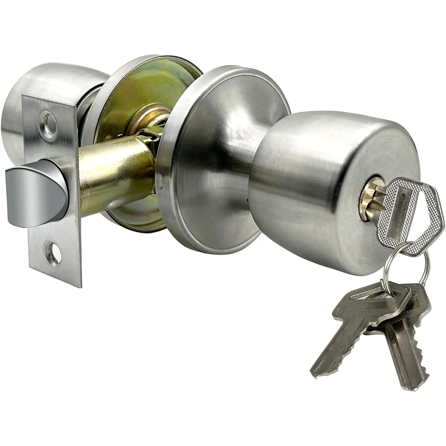 Satin Nickel Round Brass Door Knob with Lock and Key, 2-3/8’’-2-3/4’’ Backset Interior/Exterior Door Locks, 5-Year Finish, Exceeds 200,000 Cycles for Bedroom, Bathroom (Stainless Steel)