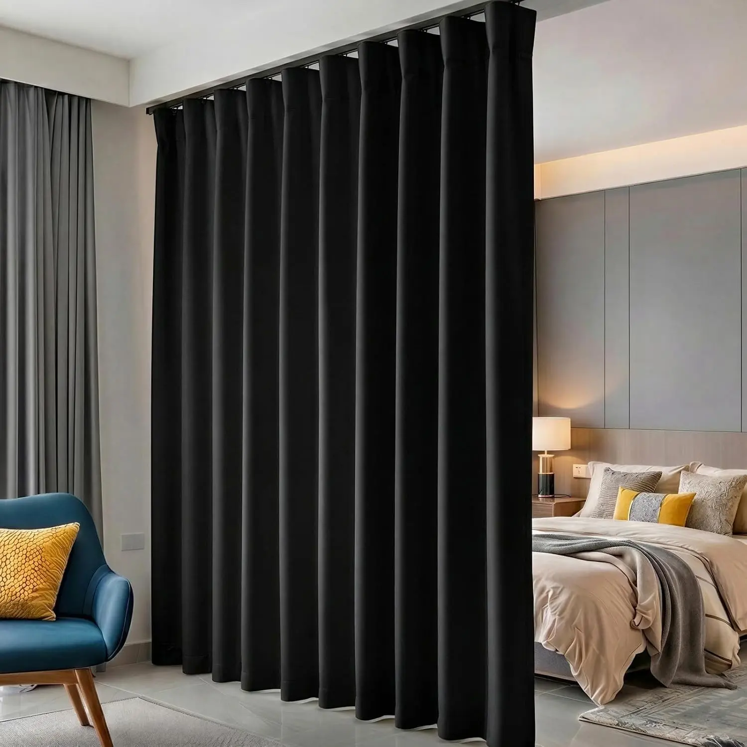 Room Divider Curtains Blackout Floor to Ceiling Curtain with Hook Wall Mount Sliding Door Curtains Ceiling Mount Extra Wide Curtain Wall Divider for Room Separation (Black, W100 x H84 Inch)
