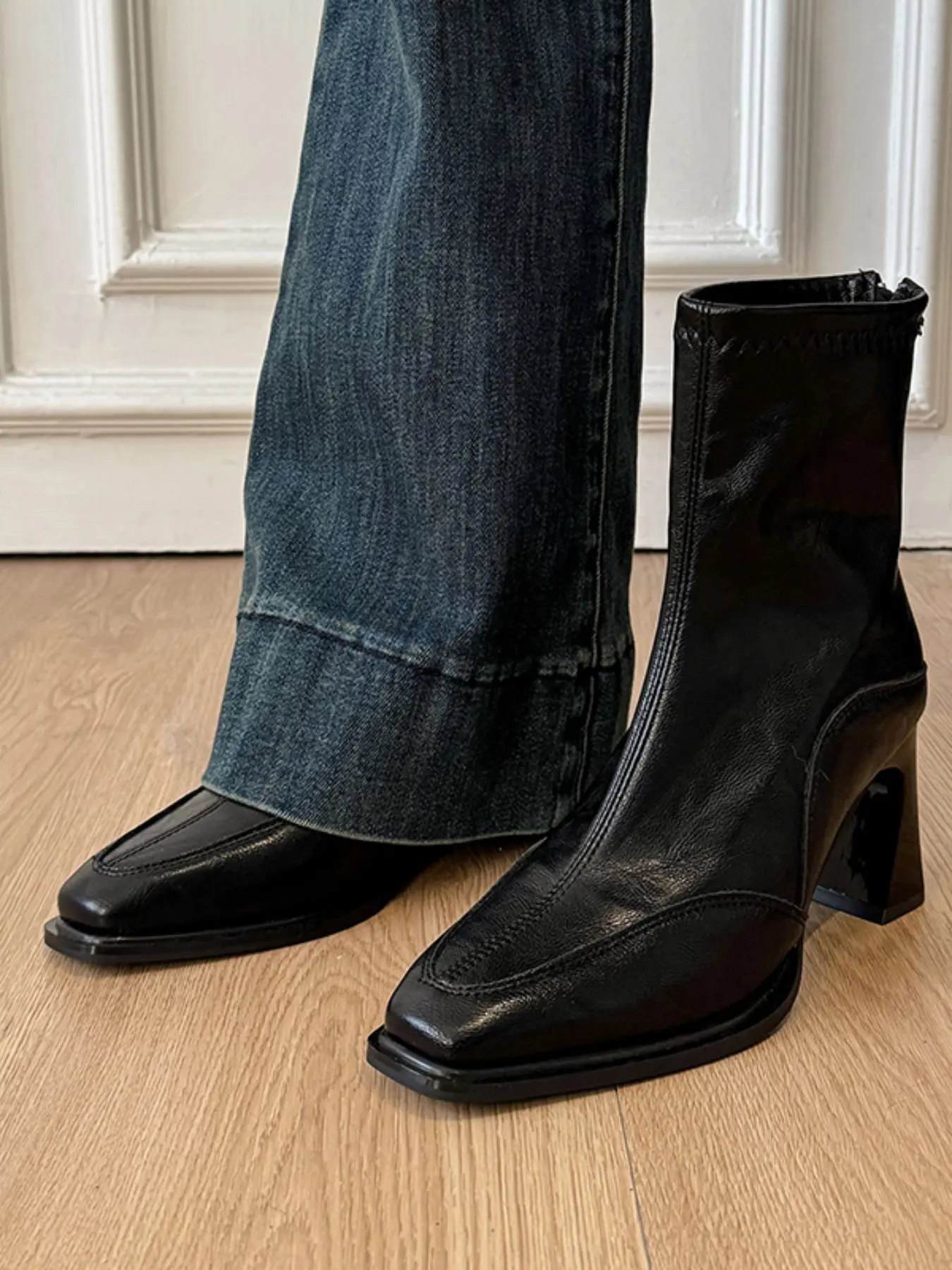New Elegant Retro Patchwork Stretch Slim Boots, Women's Round Toe Back Zip High Heel Short Boots, Petite Sock Boots