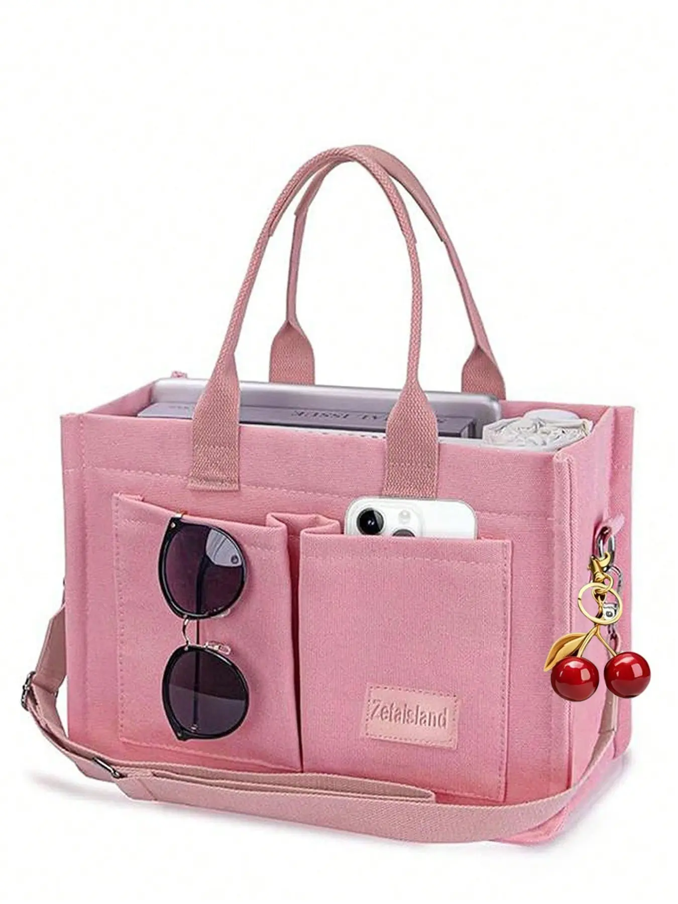 Versatile Large Capacity Textured Tote Bag, Casual and Minimalist Style Fashionable Single Shoulder Handbag with Cherry Pendant, Multiple Compartment Pockets, Daily Commuter Bag
