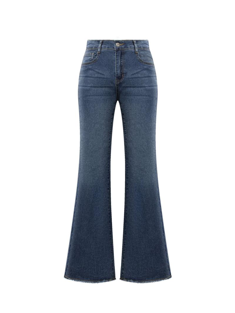Women's Elastic Casual Denim Flare Pants, Plain Pattern, Slim-Fit Design, All-Season Wear, Moderate Fabric Thickness, No Belt Included
