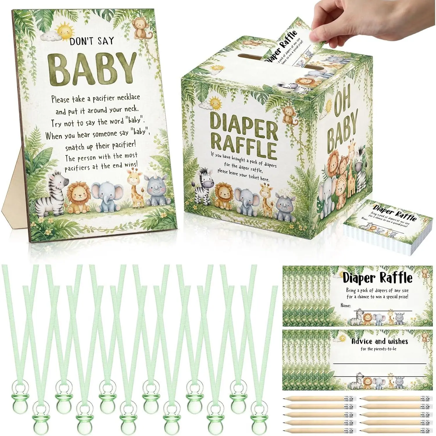 Woodland Diaper Raffle Box with Tickets Sign and Pacifier Necklaces