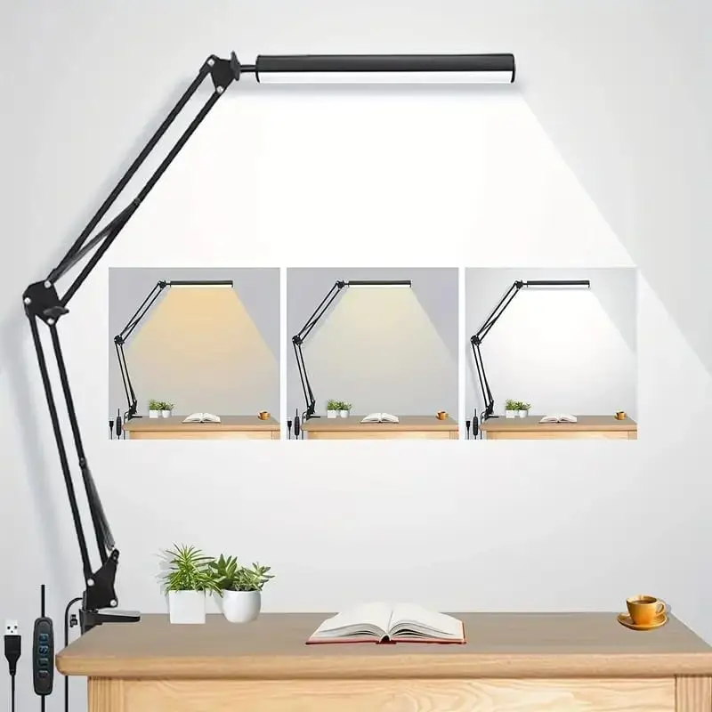 Long Arm LED Table Lamp with Clip, USB Powered, Foldable and, Adjustable Lighting, Ideal for Desk, Craft, Computer, Bedside, Desktop Light