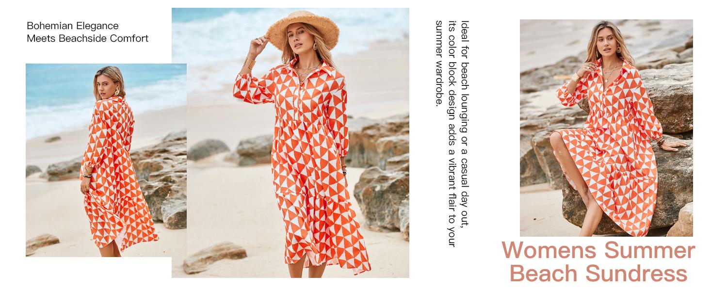 FMEYOA Womens Summer Boho Midi Dress Long Sleeve Casual Color Block Floral Beach Button Down Shirt Dress