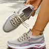 Women's Color Block Hollow Fly Knit Lace-Up Platform Walking Sneakers, Breathable Mesh Lightweight Flexible Non-Slip Rugged Thick Sole Casual Athletic Shoes for Summer Daily Travel Shopping & Outdoor Strolls Daily Walking Footwear