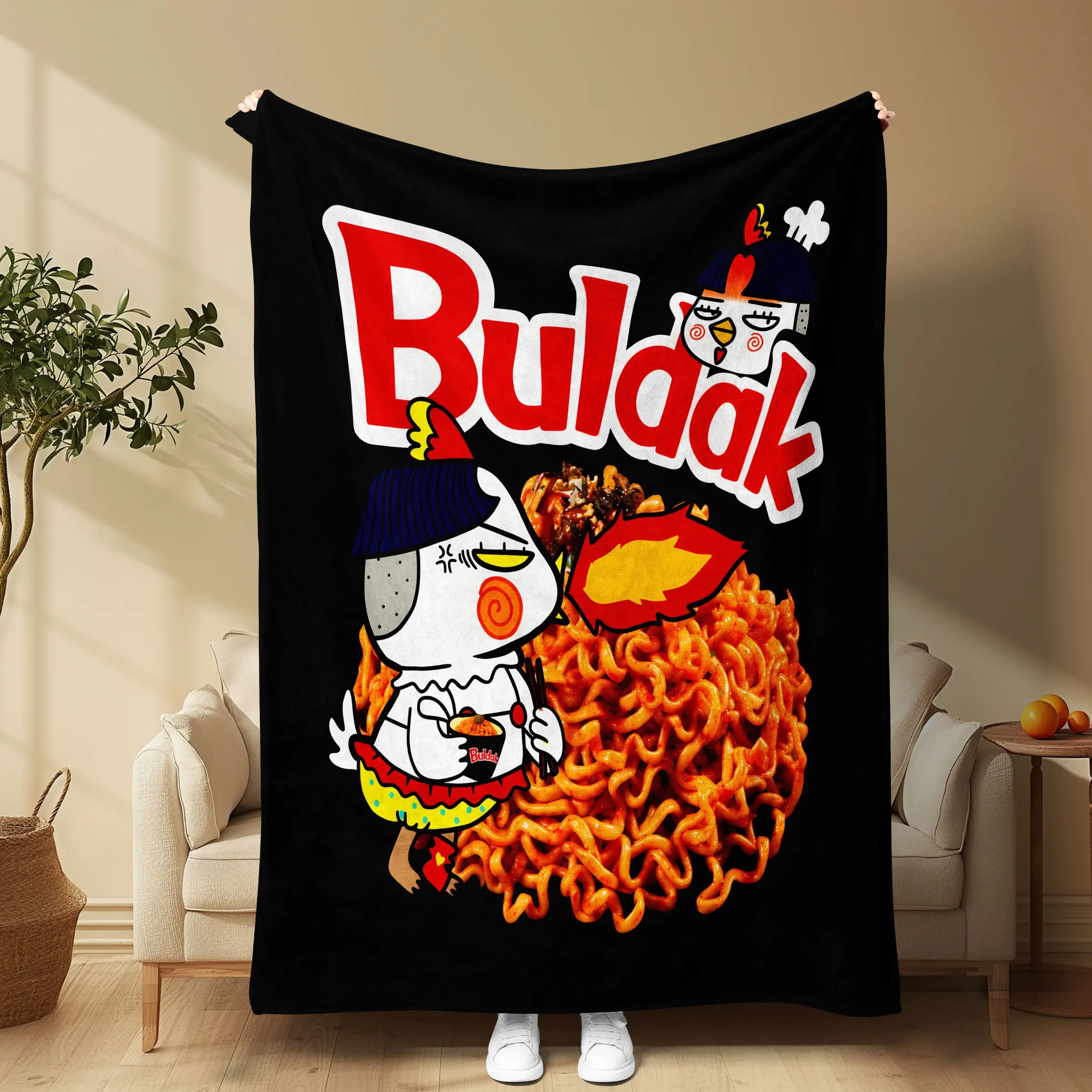 Buldak Chicken Noodle Cartoon Blanket, Soft Flannel Material, Multi-Use for Air Conditioning Nap, Sofa Watching TV, Unique Gift Idea