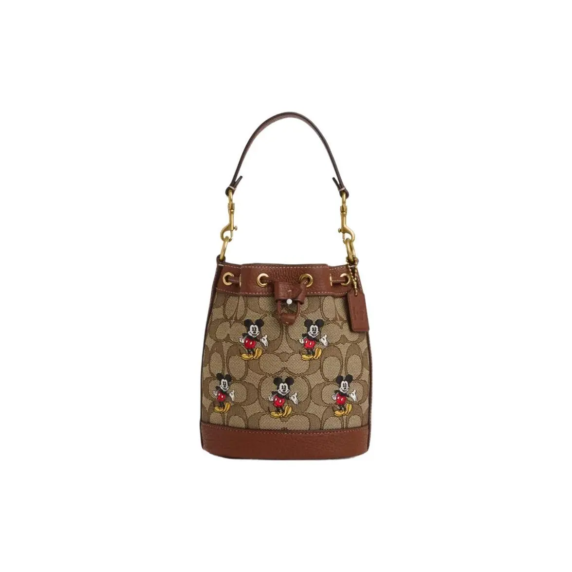 Coach x Disney Dempsey 16 Mini Bucket Bag for Women, Drawstring Closure with Dancing Mickey Print, Coated Canvas and Pebbled Leather, Khaki