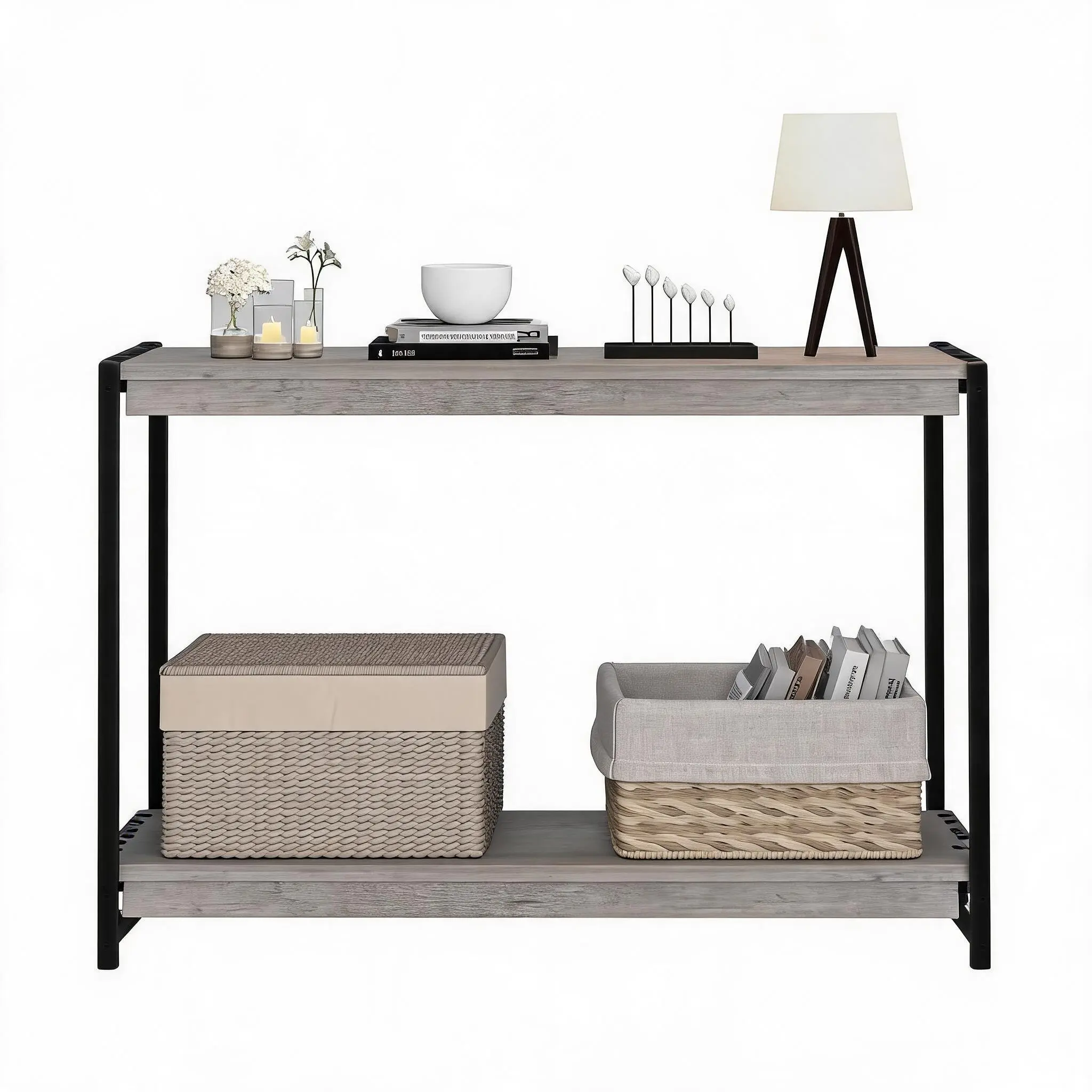 Modern 2-Tier Console Sofa Table - Narrow Entryway Accent Furniture with Open Storage Shelves - Slatted Wood Design, Sturdy Multi-Purpose Table for Living Room, Hallway, or Foyer, Grey Finish