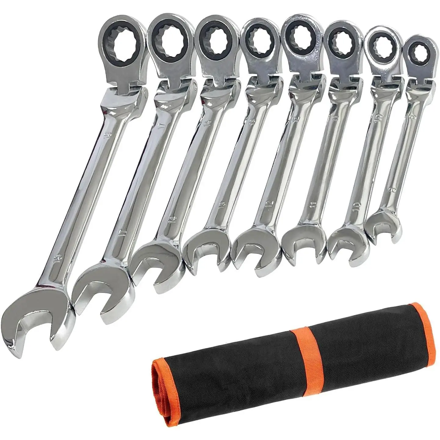 8 count Flex- Ratcheting Combination Wrench Set, 8-19mm Metric Chrome Vanadium Steel Spanner, Gear Ring Ratchet Wrenches with Rolling Pouch