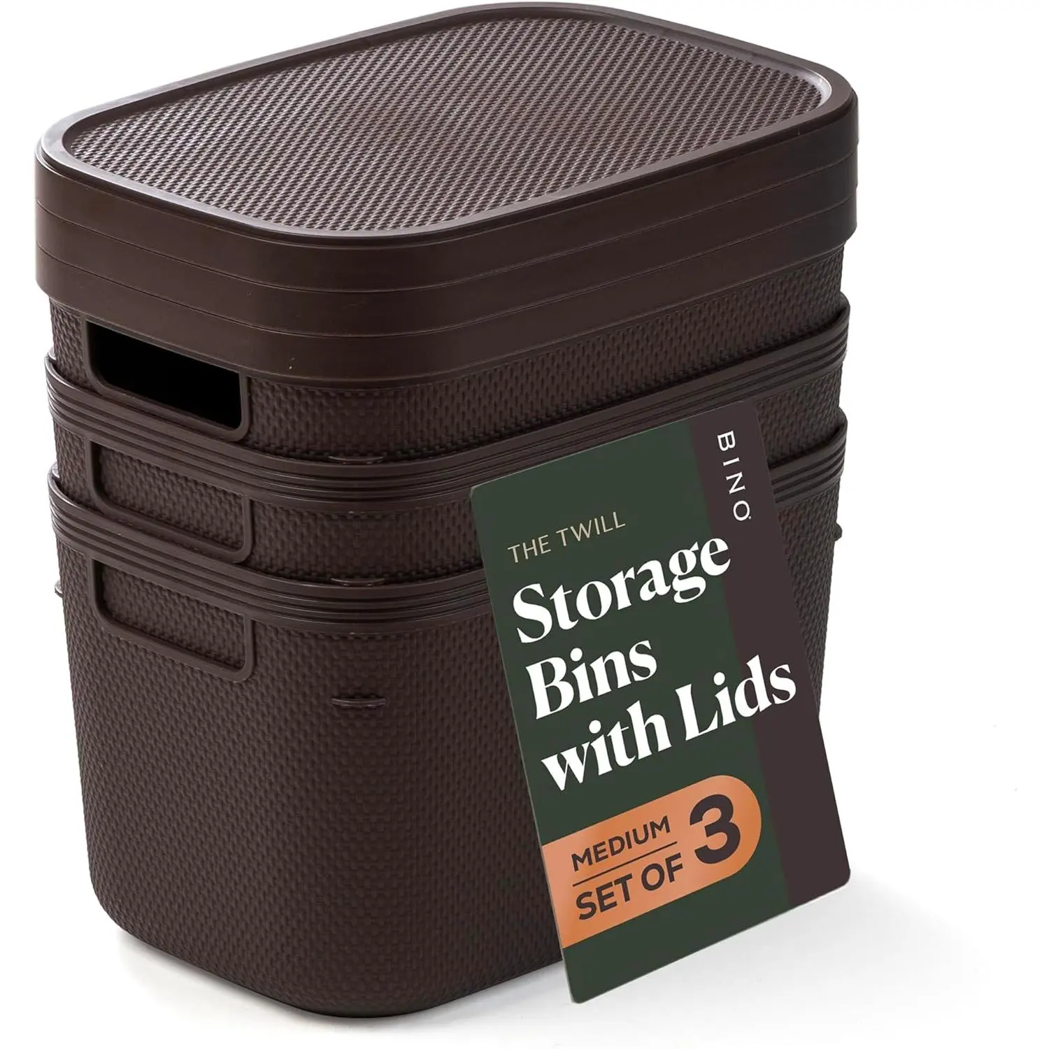 BINO| Plastic Storage Bins with Lids, 5.5 Liter - 3 Pack, Dark Brown| THE TWILL COLLECTION| Plastic Bins for Organization| Woven Storage Baskets for Organizing| Pantry Shelf Organizer Basket Bin