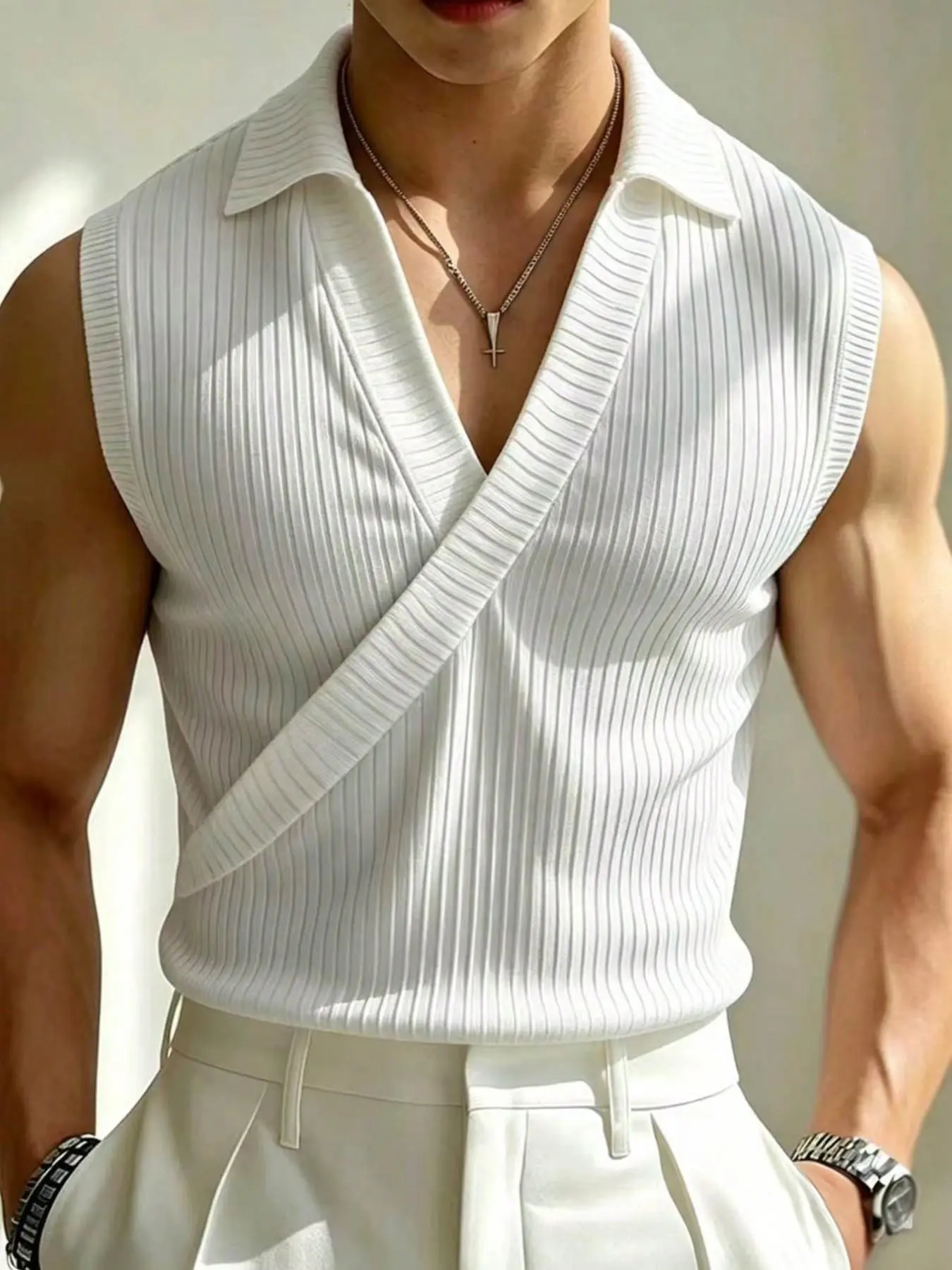 Men's Ribbed Knit Sleeveless Polo Vest, Casual Business Style Fitted V-Neck Waistcoat, Plain Surface, with Collar