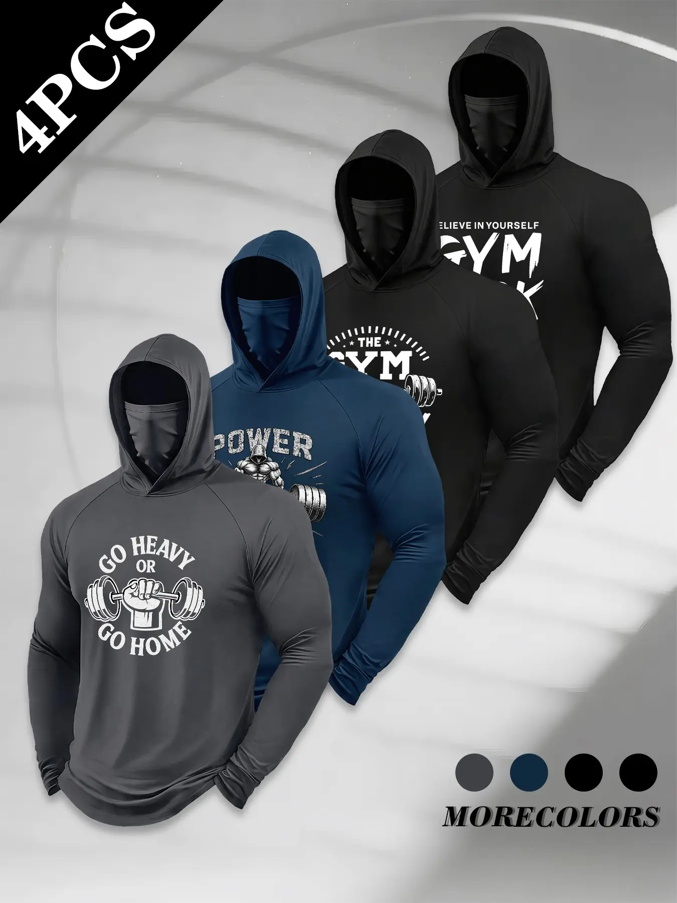 4-piece set Gym dumbbell strength slogan printed one-piece face mask hood pullover shirt, shoulder-length sleeve casual hoodie shirt