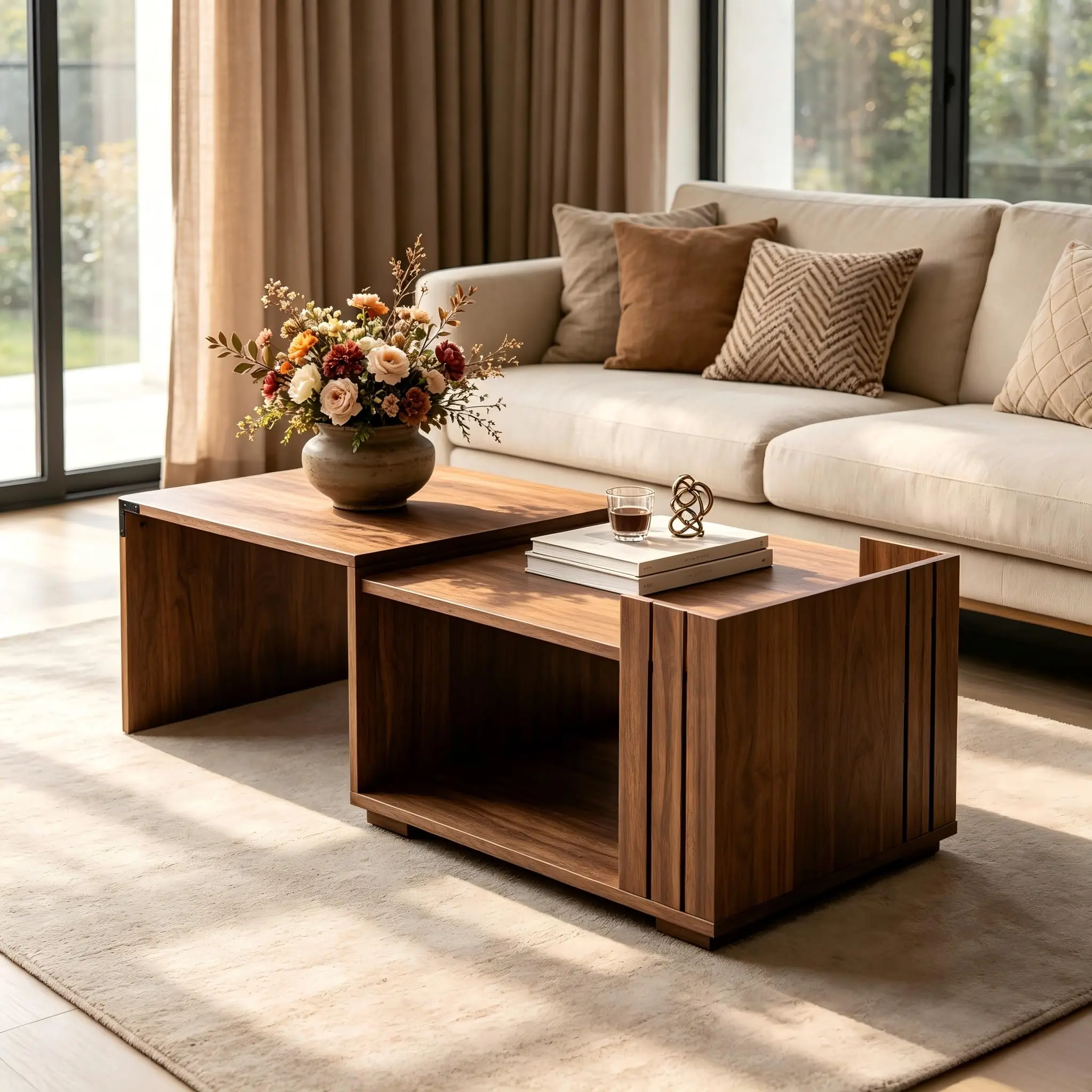 Garvee Expandable Coffee Table with Storage for Living Room, Walnut