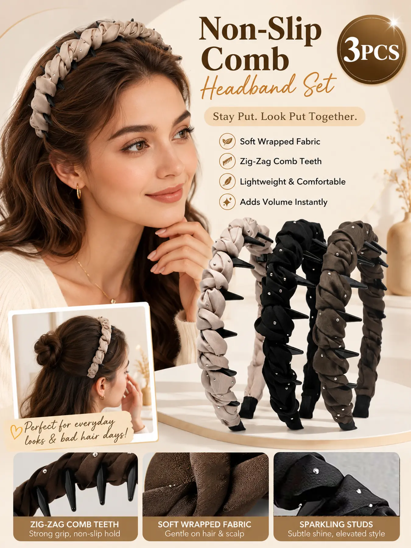 3PCS Zig Zag Headbands for Women Men, Fashion Style Wavy Plastic Comb Hair Bands with Teeth, Non Slip Flower Headband Set for Strong Grip, Volume Lift, No Pull Comfort, Unisex Hair Accessories for Daily Wear, Makeup, Face Wash & Workout