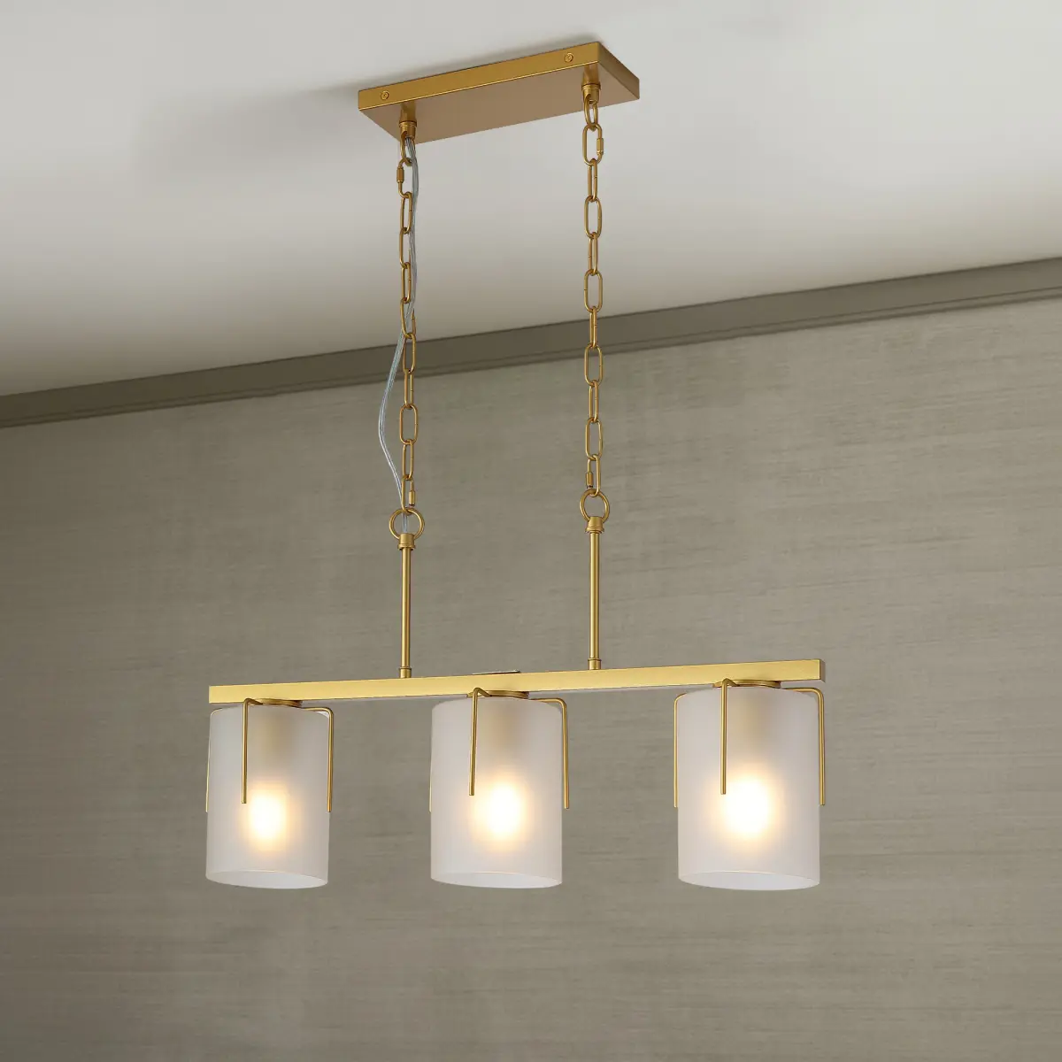3-Light Gold Linear Pendant Chandelier, 25.2x5.51x60.79 in Metal Frame Frosted White Glass, E26 Socket, Adjustable Chain, 7.89 lbs, Calming Soft Light, Dual Aesthetic for Flat/Sloped Ceilings, Dining/Kitchen Spaces