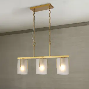 Modern Gold 3-Light Linear Chandelier, E26 Base, Adjustable Height Pendant Light with Milky White Frosted Glass Shades, Industrial Kitchen Island Lighting for Dining Room, Hallway, Entryway (Bulbs Not