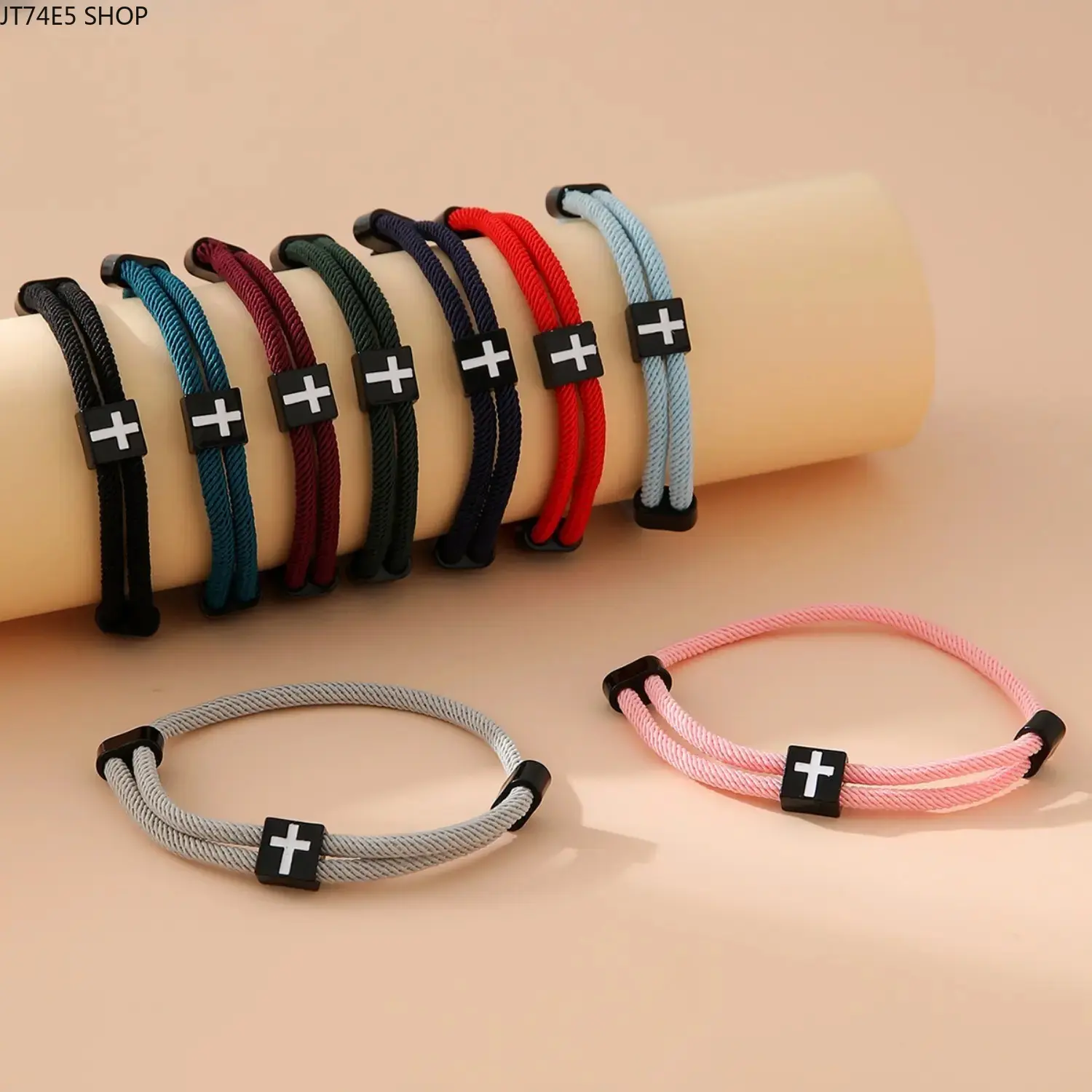 Men's Cross Bracelet, Braided Synthetic Rope Wristband, Adjustable Casual & Religious Jewelry, Sweat-resistant Faith Gift