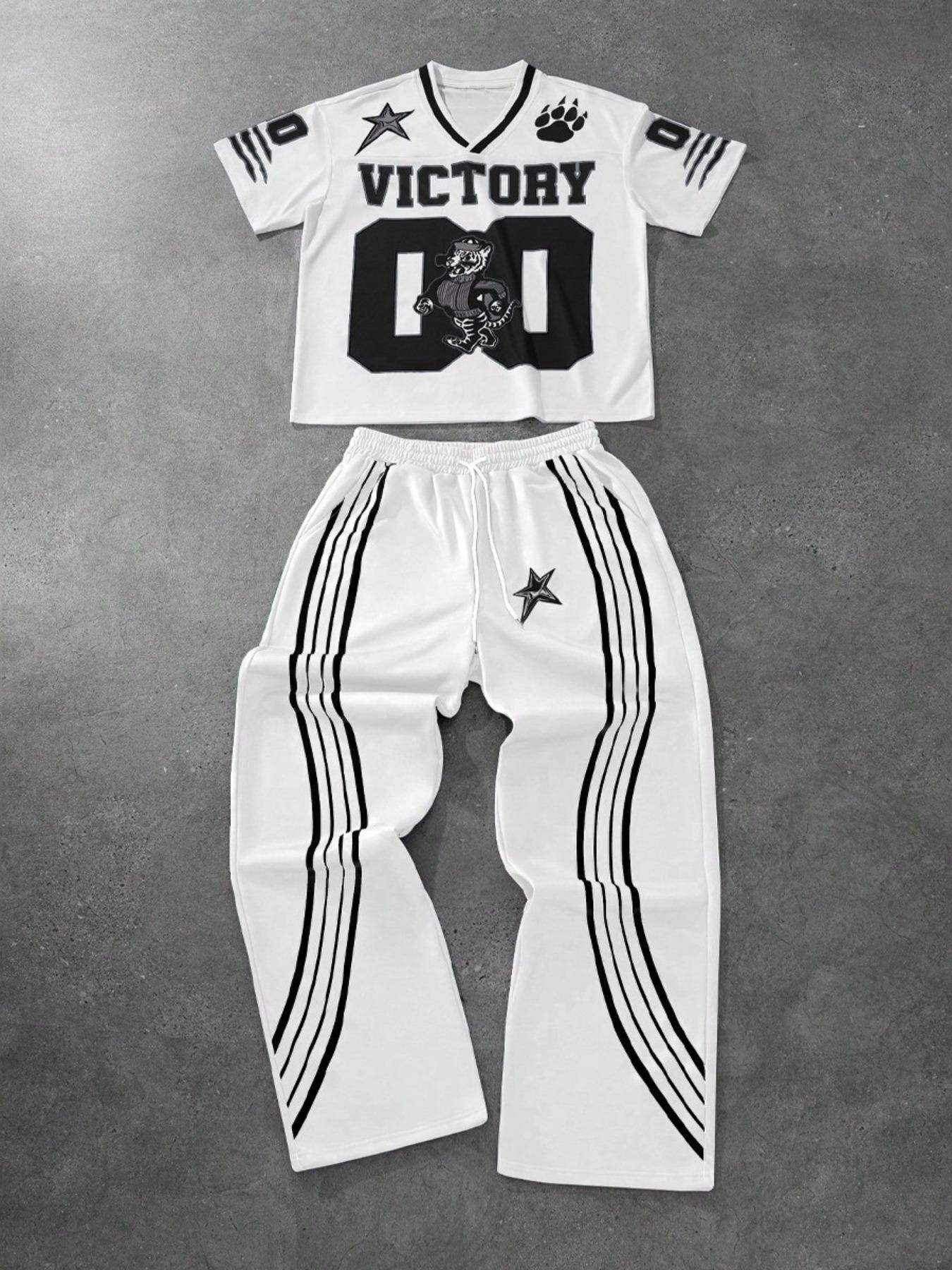 Men's Tiger Print Drop Shoulder Tee & Striped Print Trouser  Two-piece Set, Regular Fit Casual Fashion Cozy Breathable Two Piece Outfits for Daily Outdoor Wear, Men Clothes for All Seasons