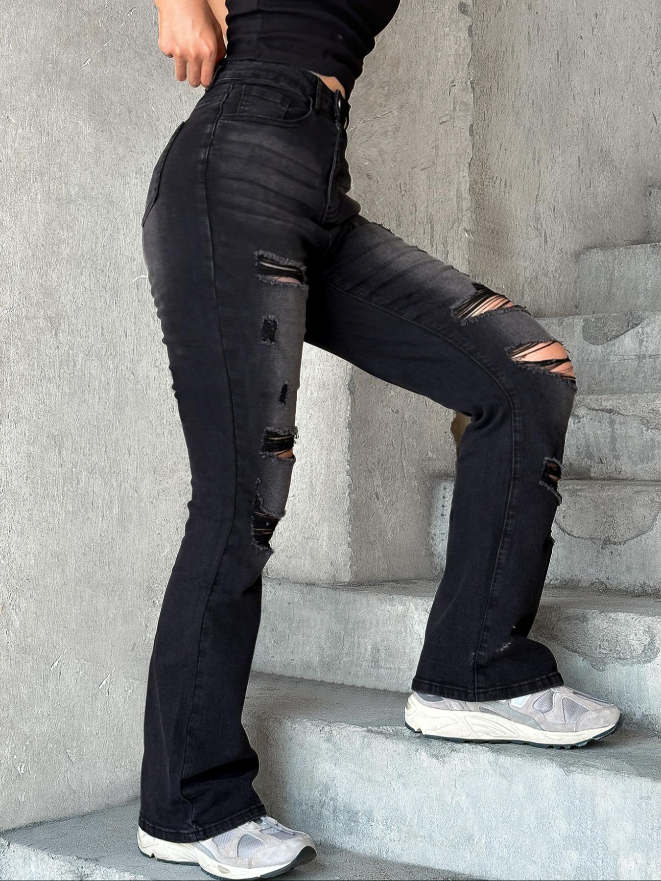 Women's  Ripped Distressed Dark Wash Skinny Stretchy Jeans, Fashion Casual Denim Trousers for Daily Outdoor Wear, Ladies Bottoms for All Seasons