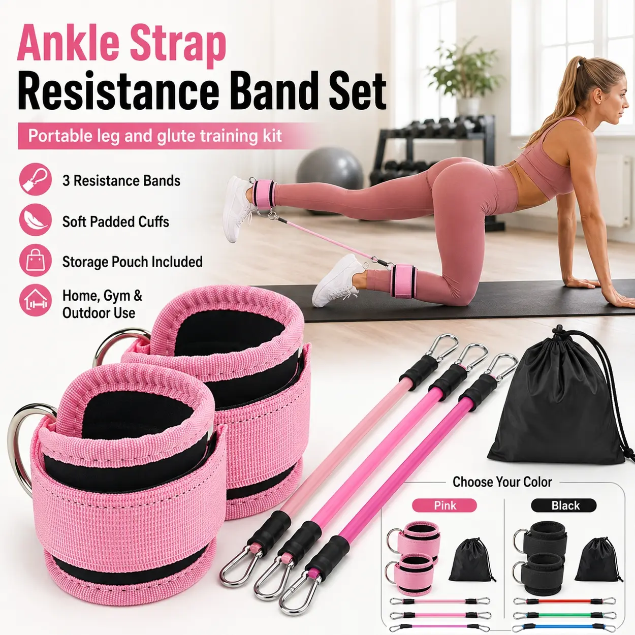 Elastic Ankle Bands Set for Women and Men, Padded Ankle Cuffs with Resistance Tubes, Secure Clip Hooks and Portable Carry Bag, Lower Body Workout Gear for Glutes, Thighs, Hip Abduction, Kickbacks, Strength Training and Home Gym Use