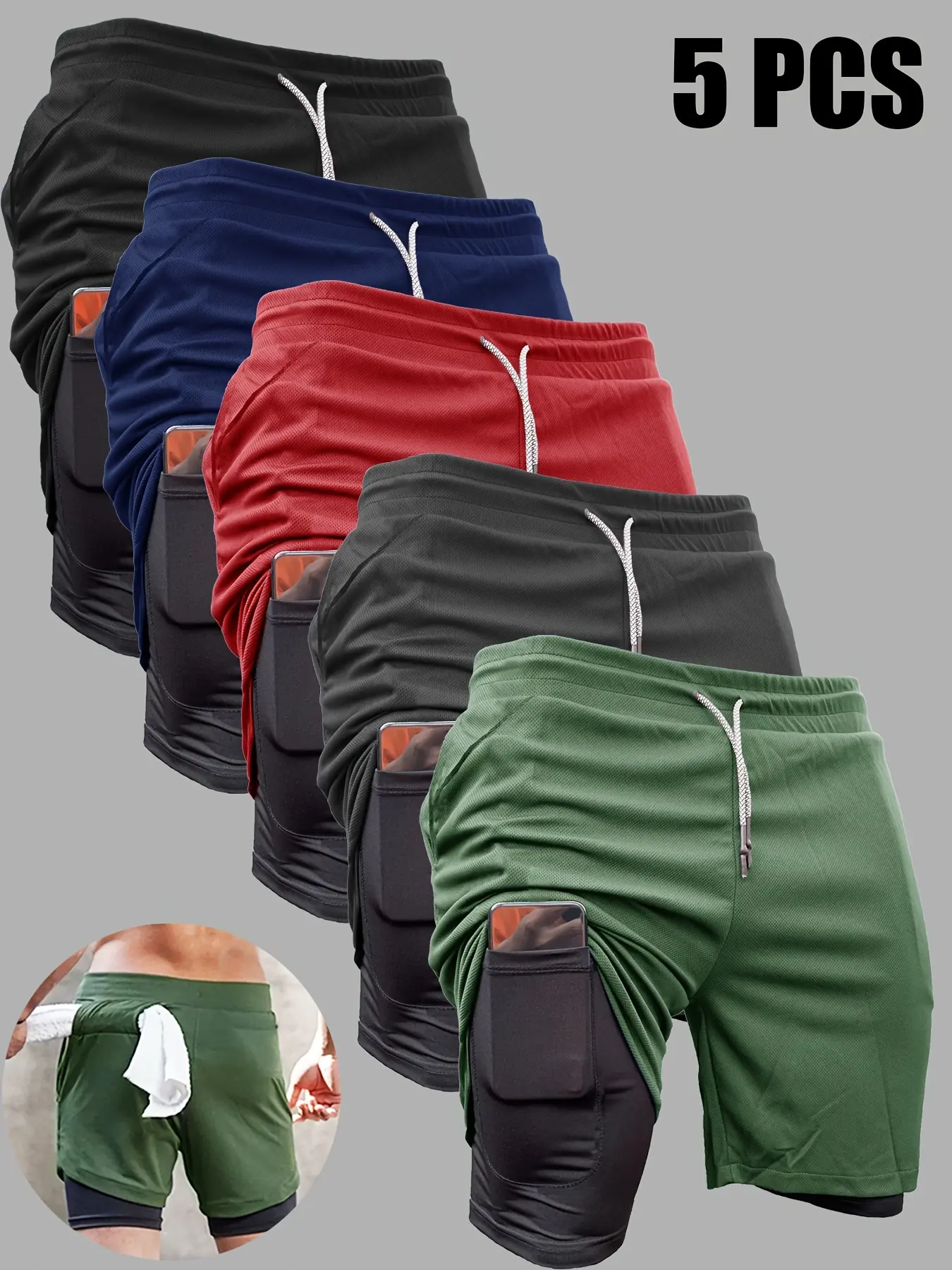 5pcs Men'S 2-in-1 Double Layer Shorts With Inner Pocket, High Stretch Sports Shorts For Summer Gym Workout Training