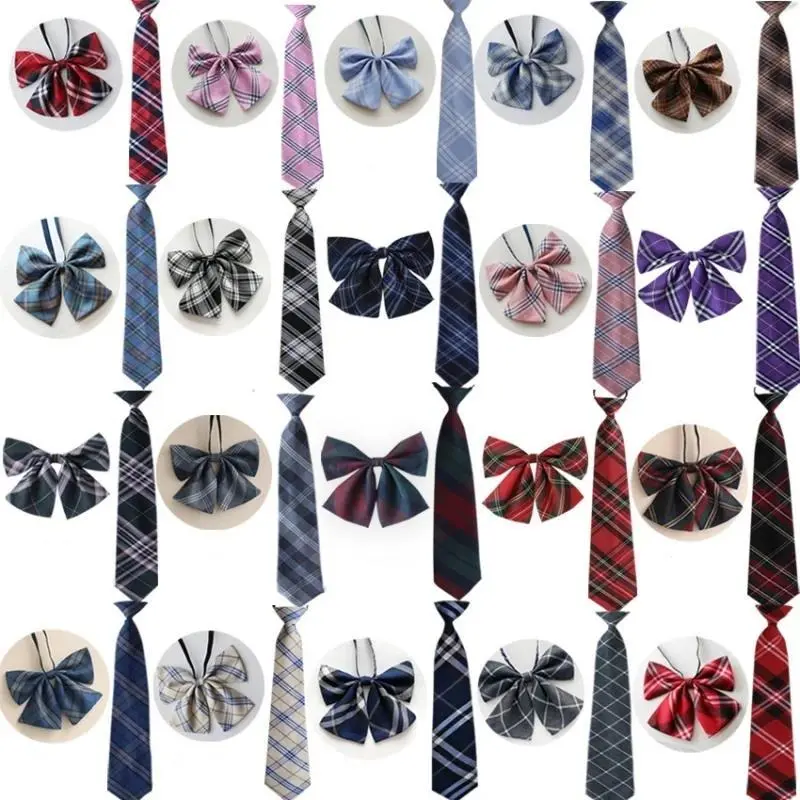 Women's Adjustable Unisex 2-Piece Checkboard Necktie & Decorative Bow Tie Set - Japan-Korea School Uniform, Anime Collar Casual Fashion Accessory
