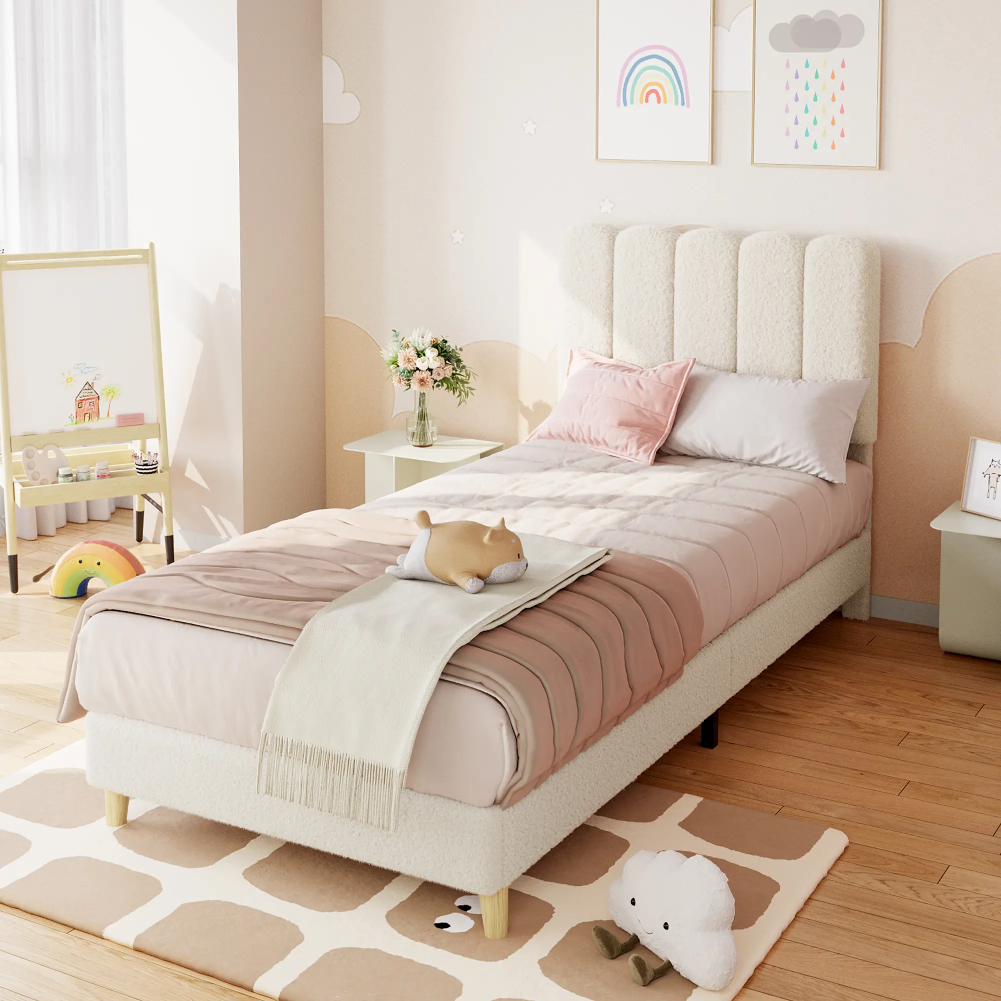 Wave Headboard Upholstered Platform Bed Frame - Twin Size, Sturdy Wood Slat Support, No Box Spring Needed, Easy Assembly - Ideal for Girls/Kids, Modern Bedroom