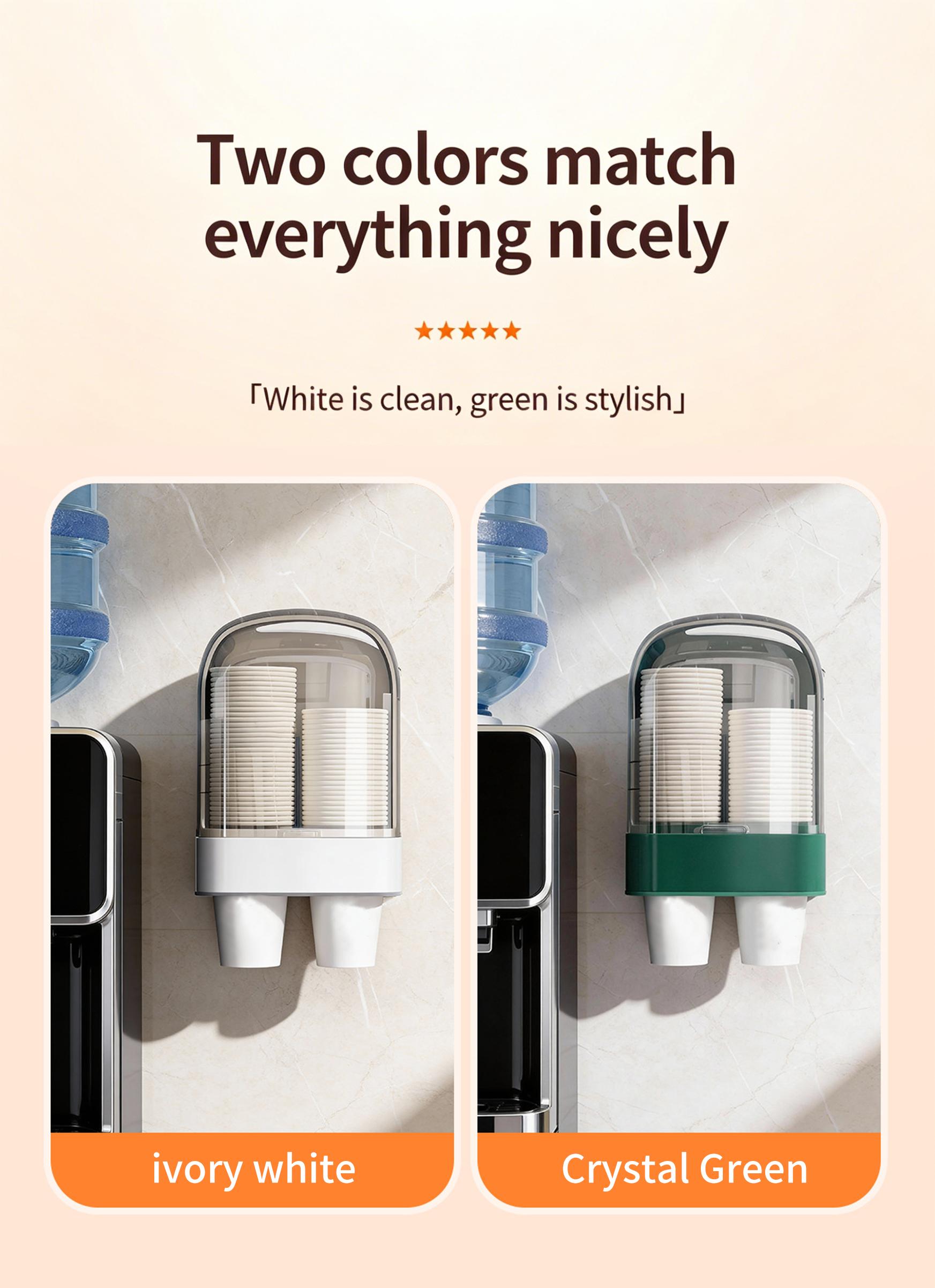 One-touch cup dispenser, automatic water dispenser, no-drill paper cup holder, dustproof kitchen storage rack, wall-mounted cup holder