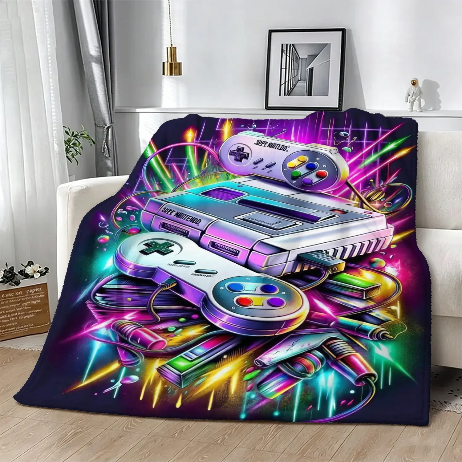 Flashy Neon Laser Retro Console Flannel Throw, Foldable Camping Blanket & Cozy Lap Throw for Backyard Gamer Friend Hangout Party, Outdoor Festival Camping, Home Gaming Lounging, Gift for Gamer Boy Birthday