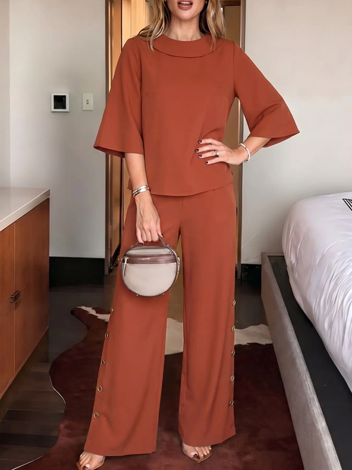ZANZEA Women's Loose Fit Baggy Collared Top and Button Pants Set, Two-Piece, Casual Style, Japanese Korean Fashion, Comfortable and Stylish, Clothes, Trouser, Palazzo Set