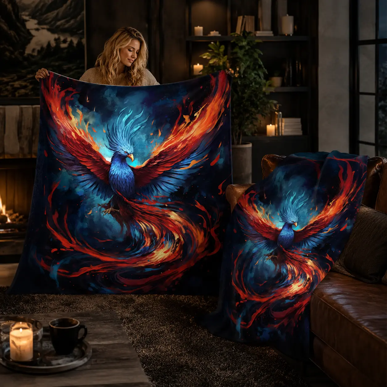 Phoenix Throw Blanket, Soft Plush Fleece Blanket with Fiery Bird Graphic, Cozy Warm Blanket for Couch Bed Sofa, Fantasy Room Decor, Lightweight Decorative Blanket Gift for Women Men, Dorm Bedroom Living Room Camping Movie Night Gift for Winter