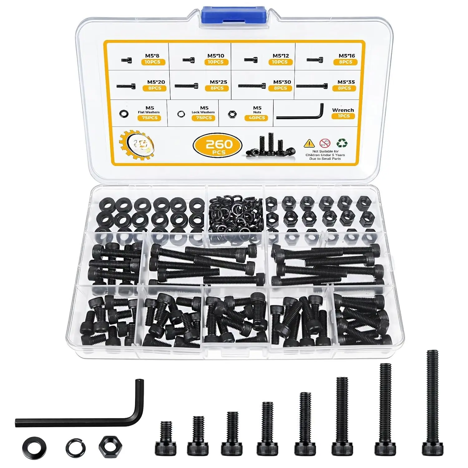 260 count M5 Screw Kit, M5  Nuts Washers, 12.9 Alloy Steel Plated Hex Socket  Screws Nuts  and Washers Set,M5x8/10/12/16/20/25/30/35mm
