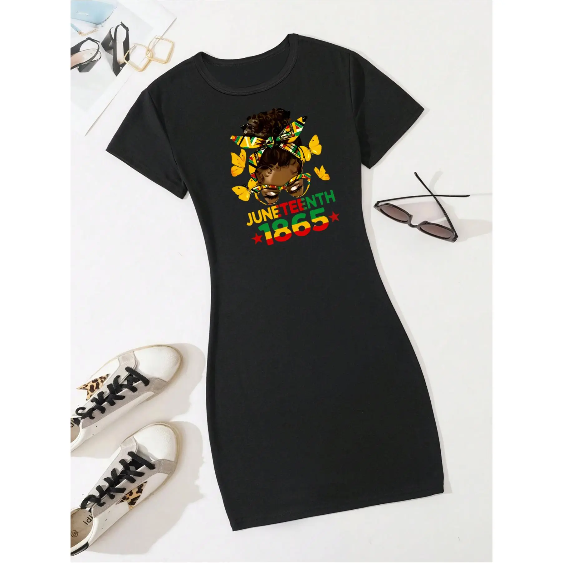 Women's Black Juneteenth Print Short Sleeve Dress - African-Inspired Rasta Colors (Green/Yellow/Red/Golden) & 1865 Emancipation Year, Stretch Pocketed A-Line Dress for Casual Wear, Parties & Juneteenth Celebrations, Machine Washable